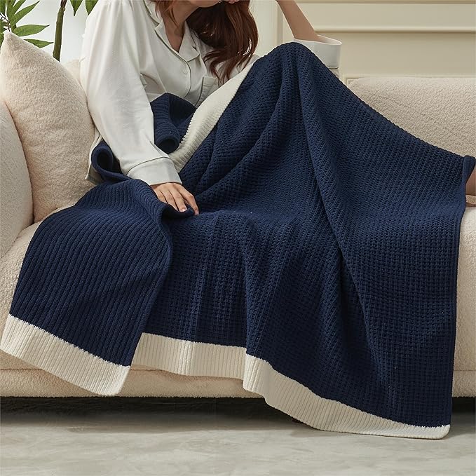 Amélie Home Chenille Throw Blanket, Soft Cozy Waffle Throw for Couch & Sofa, Warm Yet Lightweight, Breathable All-Season Throws for Women Men, Housewarming, Birthdays, 50"x60", Blue