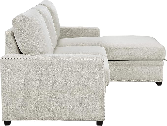 Lexicon Mid Century Modern Sectional Sleeper Sofa Bed Couch with Storage Chaise, Sectional Sofa Pull Out Couch Bed, Sectional Couch Lounge Sofa for Living Room Apartment, Right Side Chaise, Beige