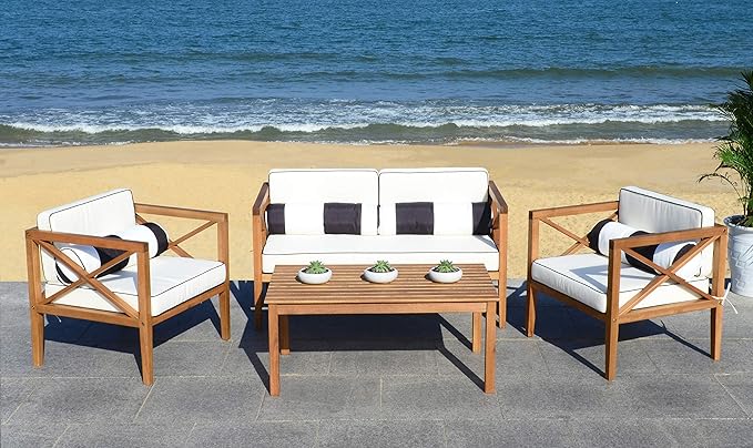 Safavieh PAT7031A Collection Nunzio Teak and White and Navy 4 Pc Accent Pillows Outdoor Set