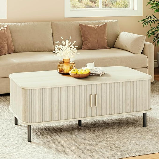 ONBRILL Coffee Table with Storage, 47.2" Mid Century Modern Coffee Tables for Living Room, Rectangle Wood Center Table with Sliding Tambour Door & Adjustable Leg for Living Room, Natural White