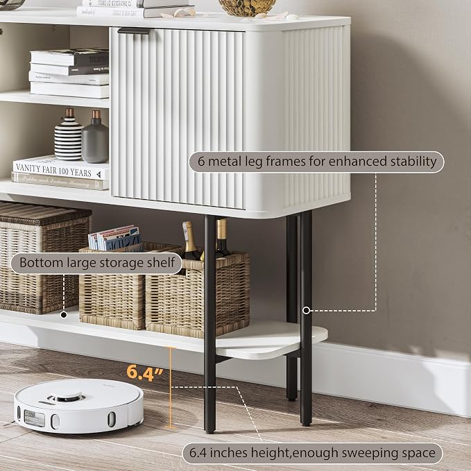 Fatmok Fluted Console Table with Storage, 47" Long Entryway Table with with 2 Door Cabinets and Open Storage Shelf, Wood Sofa Table Behind Couch for Hallway Entrance Foyer Living Room, White - Image 5