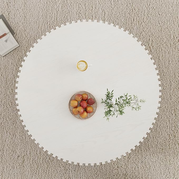 39.37" White Round Coffee Table Wood, Modern Unique Circle Coffee Table, Contemporary Drum Fluted Coffee Table Accent End Side Table Center Table for Living Room, Small Space, Apartment
