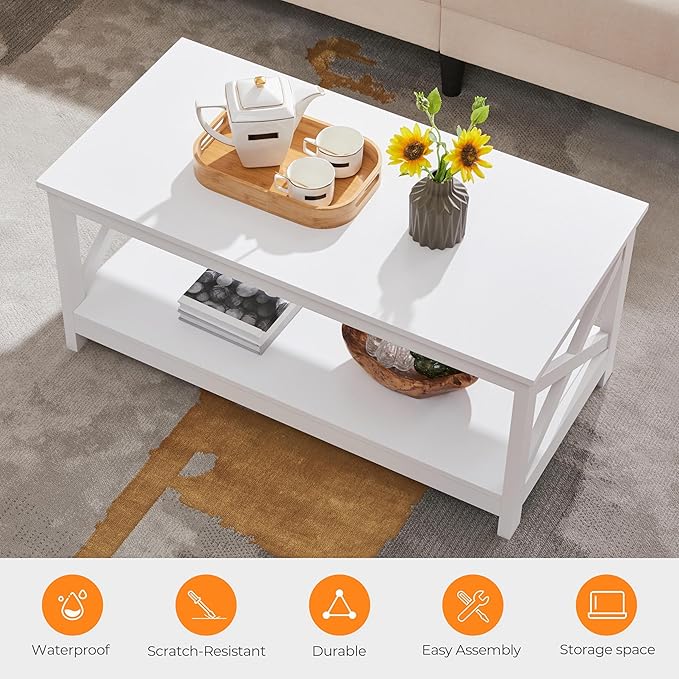 Yaheetech Wood 2-Tier White Coffee Table with Storage Shelf for Living Room, X Design Accent Cocktail Table, Simple Design Home Furniture, 39.5 x 20 x 18 Inches