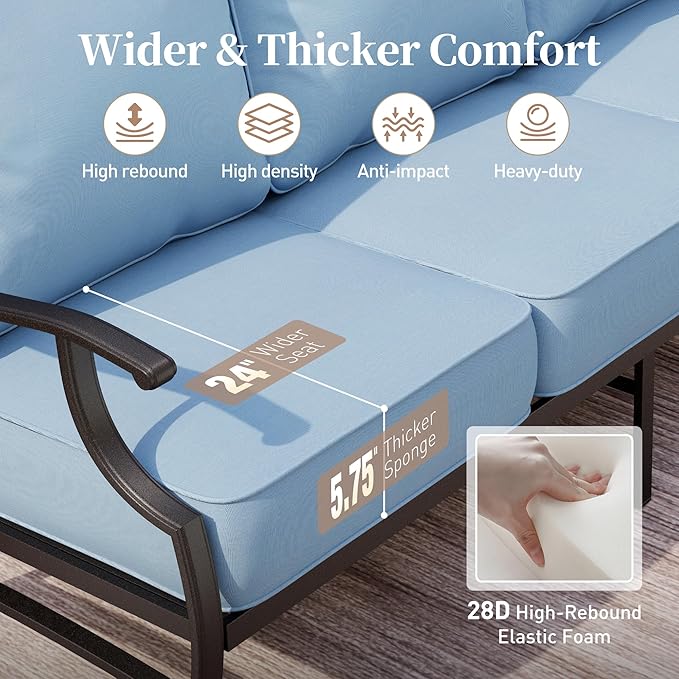 7 Piece Metal Outdoor Patio Furniture Set, Patio Conversation Sets 3-seater Sofa, 2 Rocking Chair, 2 Ottomans with 5.75" Thick Cushion, Black All-weather Frame Backyard Furniture, Blue