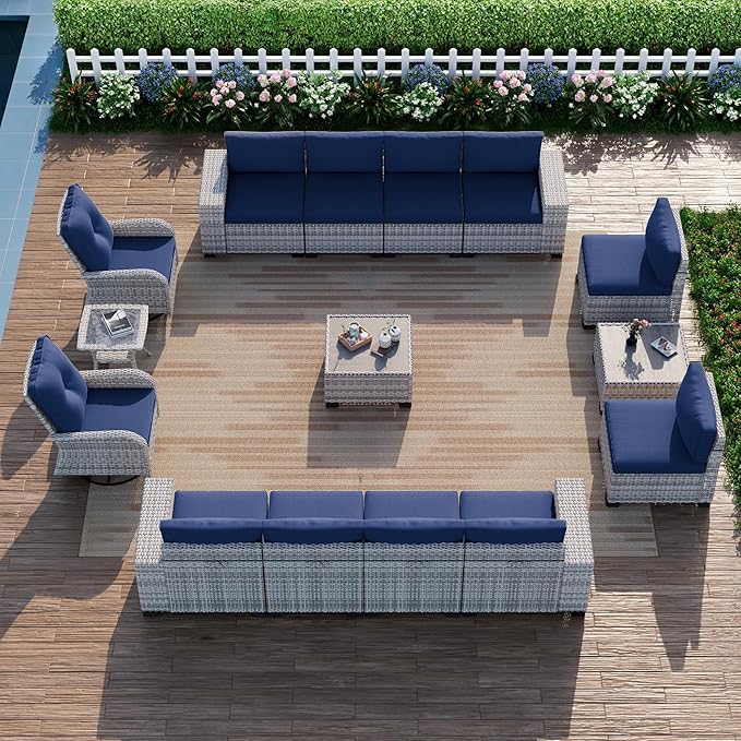 15-Piece Outdoor Patio Furniture Set with Rocking Swivel Chair Wicker Sectional Sofa Set, Patio Conversation Set with Thickened Cushions & Coffee Table for Garden, Backyard, Navy Blue