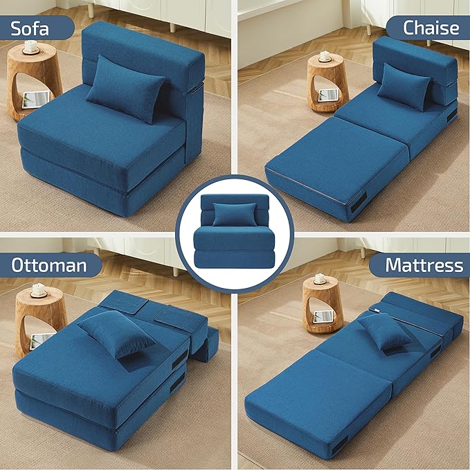 Folding Sofa Bed with Pillow- Convertible Chair Floor Couch & Sleeping Mattress, Foldable Memory Foam Sleeper for Living Room/Dorm/Loft, Single26 Width, Indigo