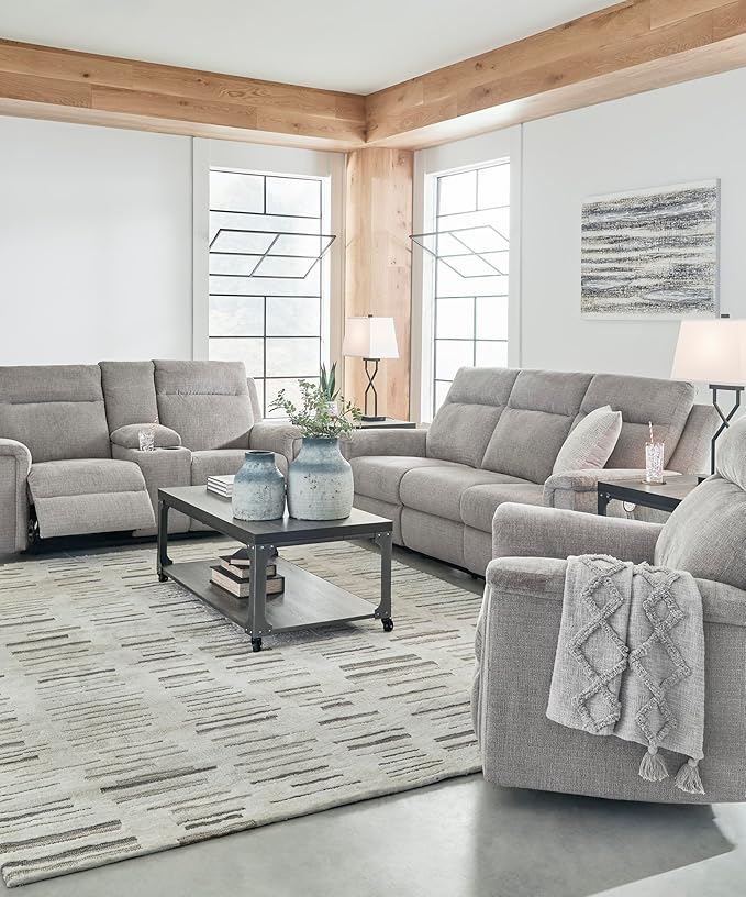 Signature Design by Ashley Barnsana Casual Power Recliner with Rocking Motion and USB Port, Light Gray