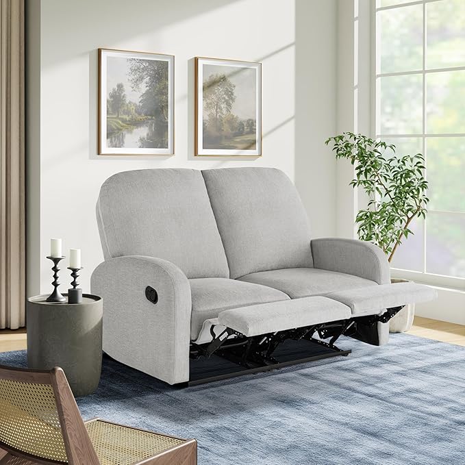Relax-A-Lounger® Palmdale 58.3" Rocker Manual Pull-Handle Loveseat Recliner, Soft Modern, Pocket Coil Comfort, Black Metal Base Leg, Soft Chenille Fabric, Light Gray