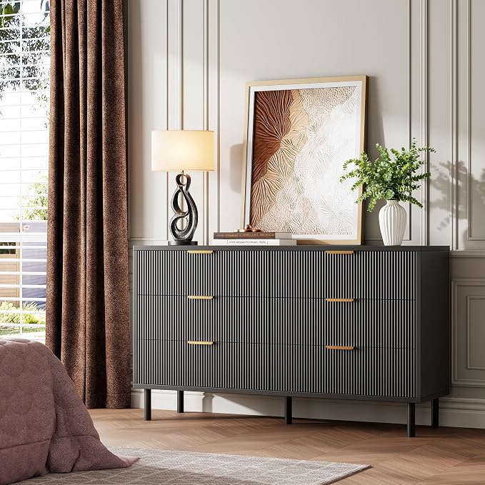 GarveeHome Black Wave Fluted 6 Drawer Dresser, Wide Wood Double Dresser with Metal Legs and Handles, Modern Chest of Drawers with Anti-Tipping Design for Bedroom Living Room Hallway - Image 6