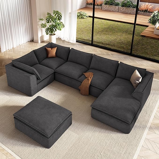 Vesgantti 141.7" Oversized Boneless Sectional Couch, 7 Seater Modular Sofa with Chaise & Ottoman & Armrest, Deep Seat Corduroy Cloud Couches for Living Room, No Assembly Required, Black