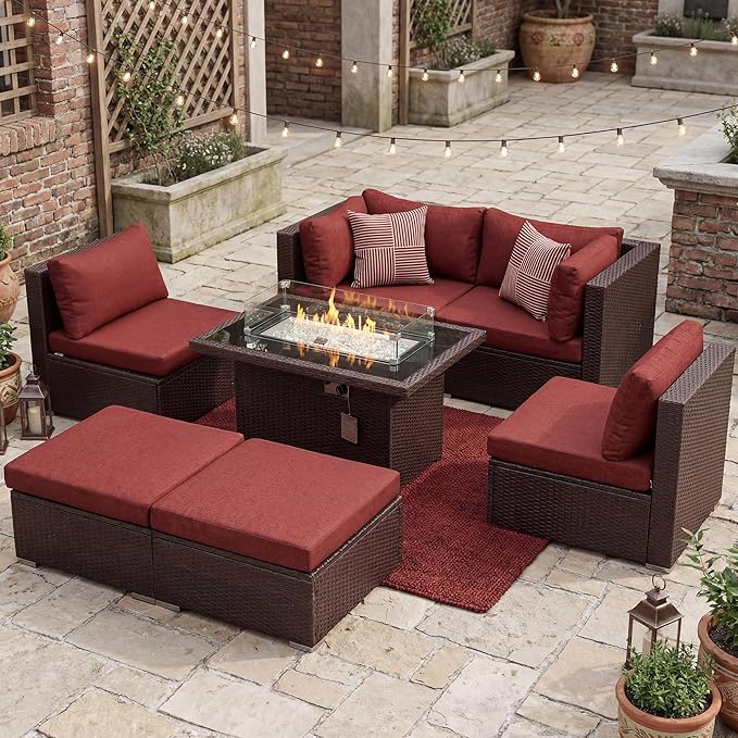 BULEXYARD 7 Pcs High Back Patio Furniture Set with Fire Pit Table Propane/Natural Gas Dual Fuel, Heavy Duty Outdoor Sectional Couch, Big Cozy Backyard Seating for Exterior, Brown Wicker & Red Cushion