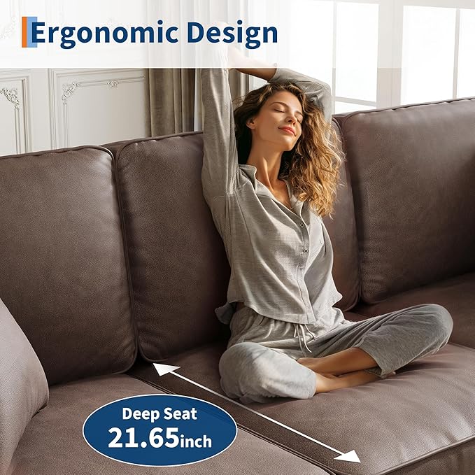 3-Seater Sofa Couch with 2 Throw Pillows, 85 Inches Faux Leather Couch with Wide Armrests, Deep Seats, Wood Legs, Back Cushion, Sturdy Support Feet, Couches for Living Room, Office, Dark Brown