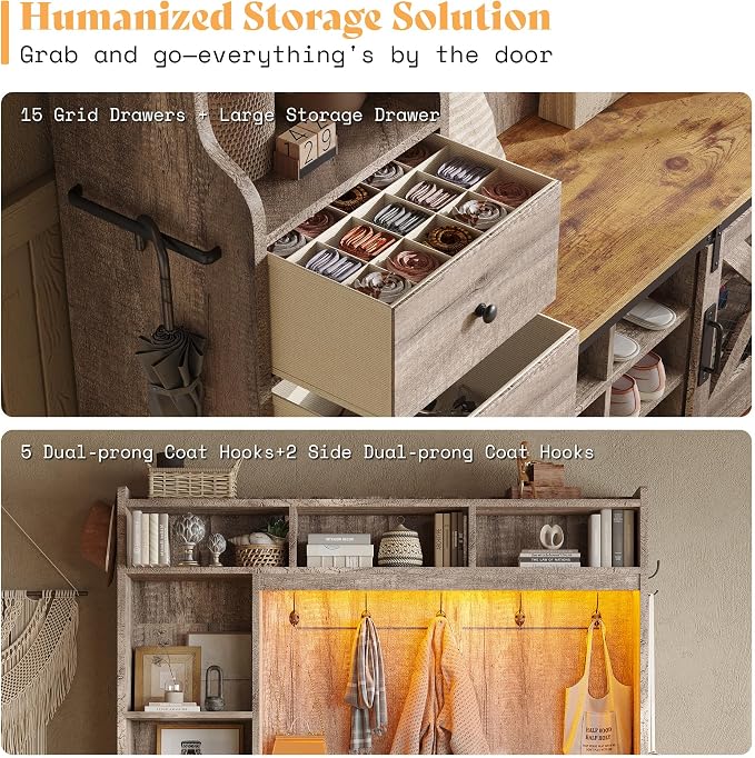 AMERLIFE 7-in-1 Farmhouse Hall Tree with Bench and Shoe Cabinet, LED Entryway Bench with 2 Drawers,12 Shoe Cubbies & Barn Doors, 7 Coat Racks & Adjustable Shelf, Rustic Gray - Image 5