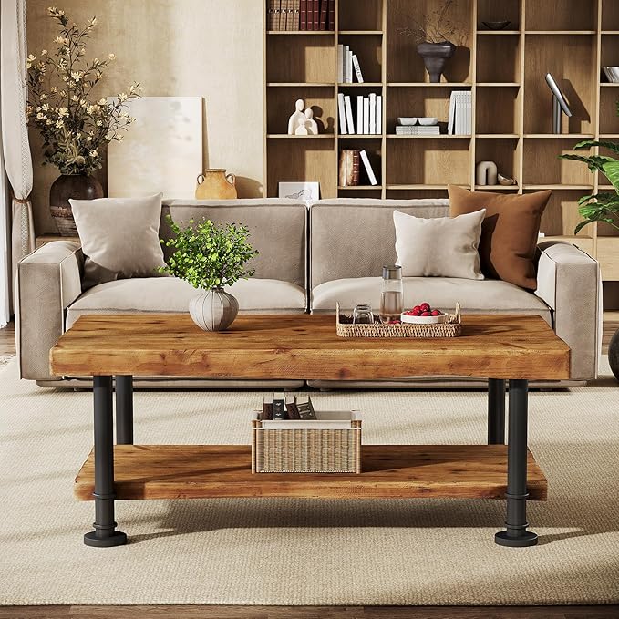 47" Coffee Table, Farmhouse Solid Wood Accent Center Table with 2-Tier Live Edge Shelf & Metal Legs, Rectangular Low Cocktail Tea Furniture for Living Room, Lounge, Brown and Black
