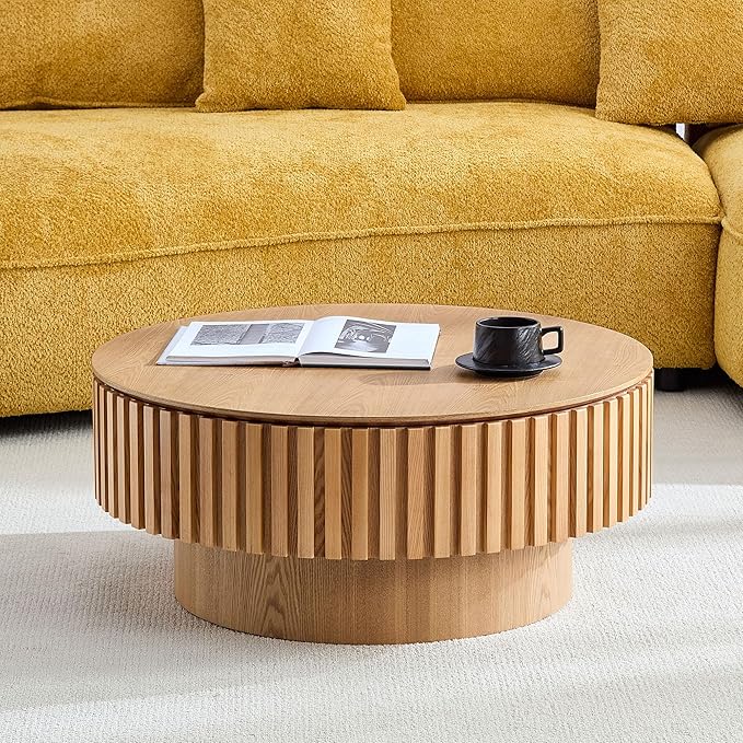 WILLIAMSPACE 31.49" Round Coffee Table with Storage for Living Room, Modern Circle Center Table with Solid Wood Veneered & Sturdy Pedestal, Accent End Tea Table for Apartment - Oak
