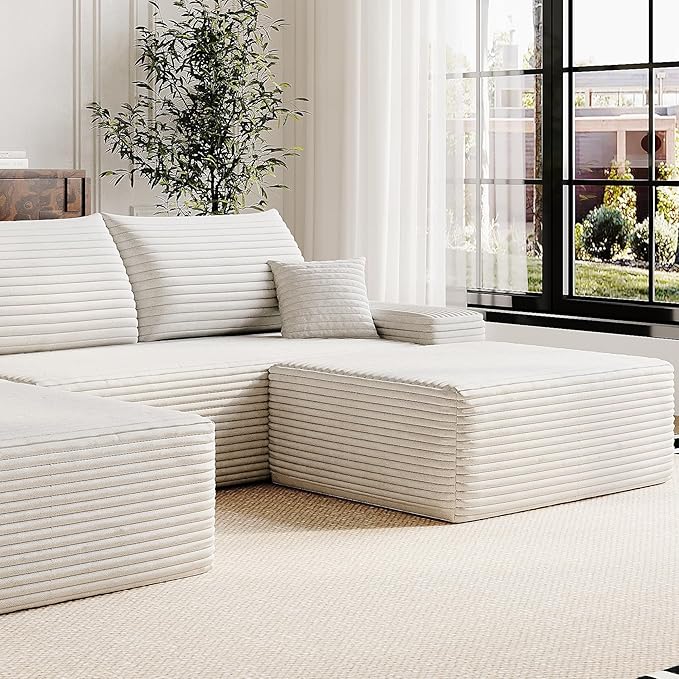 107" Corduroy Couch with Ottoman, Cloud Sectional U Shaped Sofa, Deep Seat Boneless Couches for Living Room Bedroom Apartment, Compressed Foam No Assembly Required, Left Facing Chaise, White
