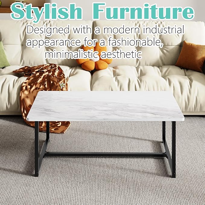 Coffee Table for Living Room, Modern Rectangular Center Coffee Tables for Small Space, Industrial Furniture, Sofa End Tables/Tea Table/Center Table, Couch Table with Metal Black White