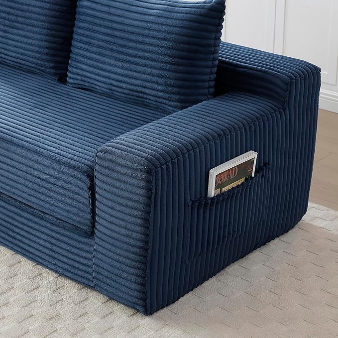 73" Convertible Sofa Bed, 2 in 1 Corduroy Folding Couch with Pillows, No Assembly Boneless Compression Sofa in Box, Loveseat with Side Storage Pocket for Apartment, Living Room, Blue