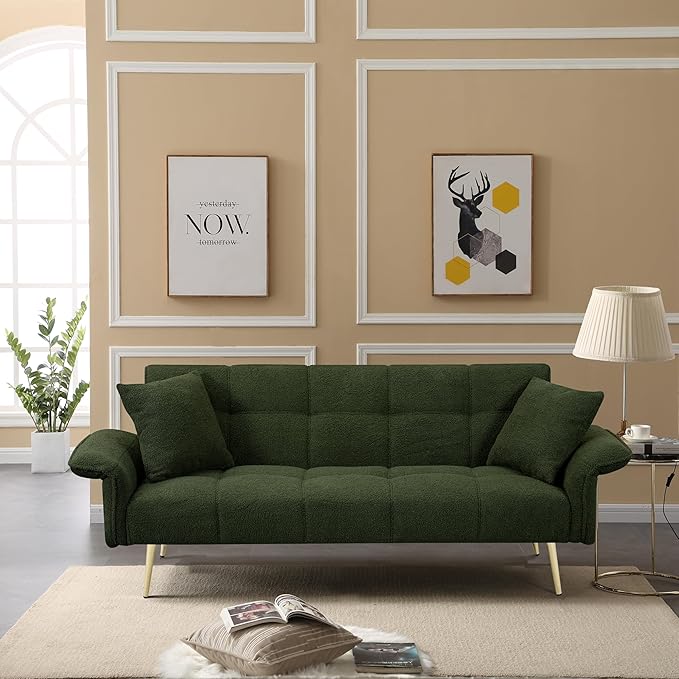 70 inch Upholstered Teddy Fleece Sofabed with Adjustable Arms and Backrest,Modern Convertible Futon Couch W/Metal Legs & Pillows,Love Sofa for Living Room,Bedroom,Apartment,Green, 70"