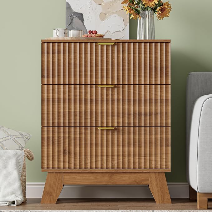 Nightstand with 3 Large Drawers,24" Wide End Table with Curved Metal Handles,Fluted Wood Small Dresser,Bedside Table,Modern Chest of Drawers for Bedroom,Living Room, Walnut - Image 3