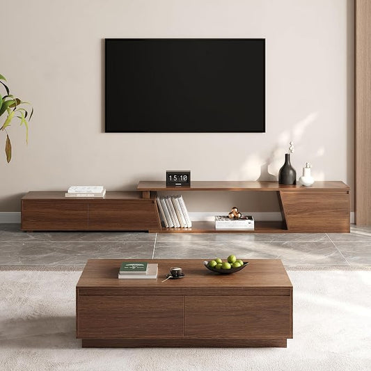 homary Mid Century Walnut TV Stand & Coffee Table Set, Extendable TV Console for 120" TV with Storage Drawers, Modern Engineered Wood Living Room Furniture by Homary