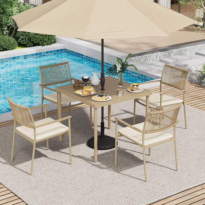 5-Piece Outdoor Dining Set for 4, Rectangle Expandable Table with Umbrella Hole, 4 Wicker Rattan Chairs with Soft Cushion,Patio Dining Set, Conversation Set for Backyard, Garden & Poolside, Beige - Image 7