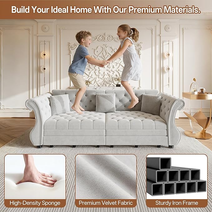 Eafurn Oversized 4-Seater Chesterfield Loveseat Convertible King Size Sleeper Couch Bed,Classic Tufted Velvet Pull Out Loveseat Sofa Bed with Roll Armrest and Solid Wood Legs