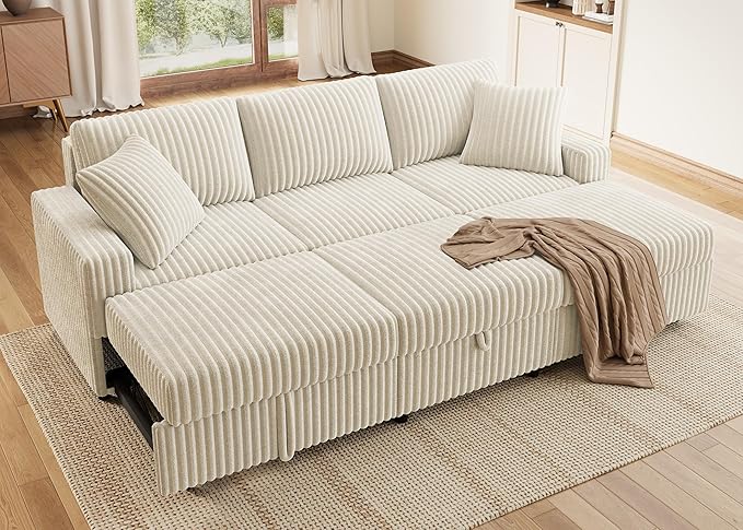 HONBAY 94.5 Inch Modular Sectional Sleeper Sofa with Pull Out Bed, Convertible L & U Shaped Couch with Storage & Adjustable Backrest, Velvet White
