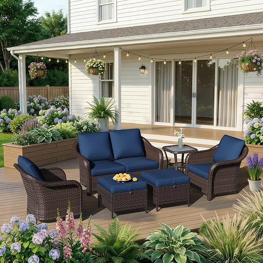 6 Piece Patio Wicker Conversation Set, All-Weather Use Outdoor Wicker Loveseat with 2 PE Rattan Ottomans,2 Chair, 1 Side Table, Ideal for Porch, Backyard, Balcony, Poolside, Blue