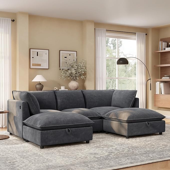Merax Modern U-Shaped Sectional Sofa with 2 Movable Storage Ottomans, Chenille 6-Seat Couch Set with Fold-Down Backrest Table, Charing Ports, Cup Holders for Living Room,Small Space, Gray