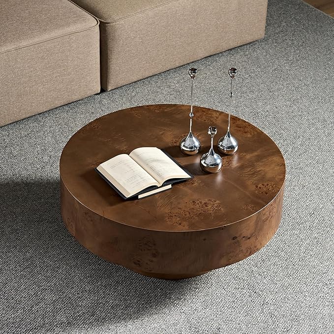 Round Coffee Table for Living Room,31.49" Modern Circle Drum Center Table with Burl Wood Veneer & Sturdy Pedestal,Small Wooden Circular Coffee Table for Apartment,Easy Assembly (Walnut)