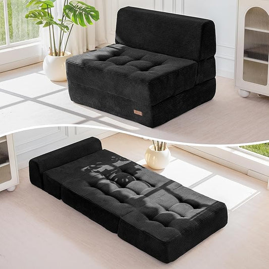 MAXYOYO 8" Folding Sofa Bed, Convertible Sleeper Sofa Lounger Foldable Mattress, Wedge Shape Floor Couch Tufted Fold Out Chair Bed Comfy Floor Couch Lounge for Living Room Bedroom, Single, Black