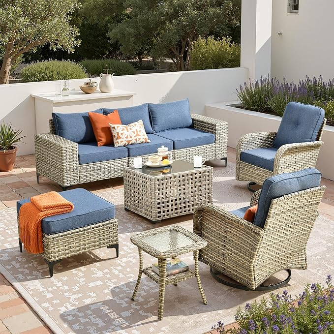Patio Furniture Set, 8 Pieces Outdoor Wicker Conversation Sets with 2 Wicker Rocking Chair & Coffee Table Outdoor Sectional Sofa for Balcony Backyard Poolside Garden Lawn (Blue)