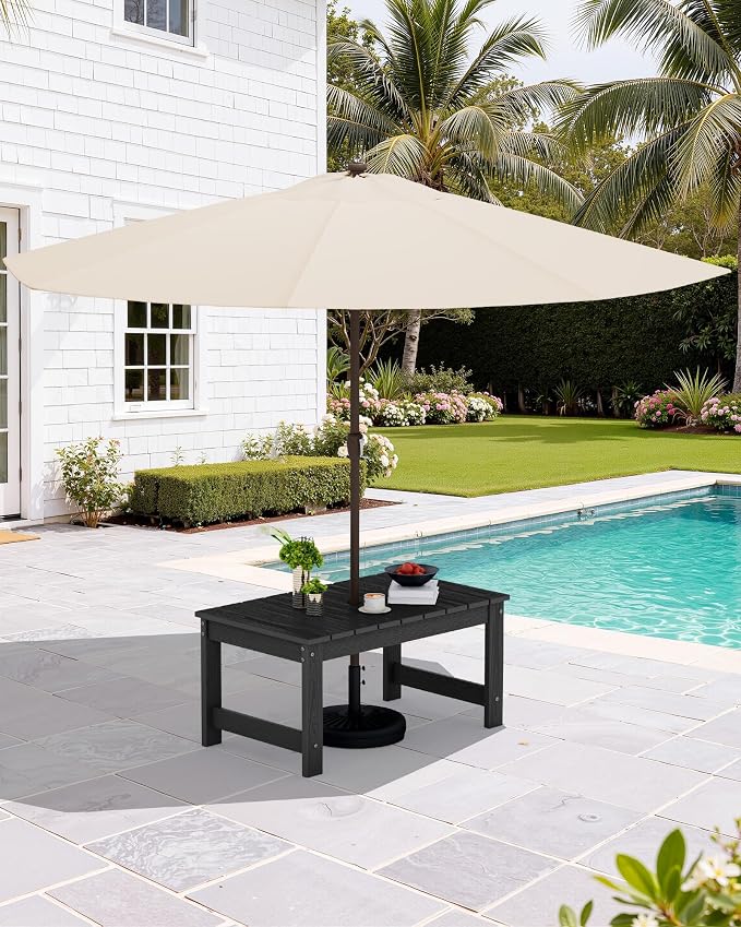 SERWALL Outdoor Coffee Table with 9FT Umbrella, HDPE Patio Coffee Table for Outside, Rectangle, Black(Not Include Umbrella Base) - Image 2