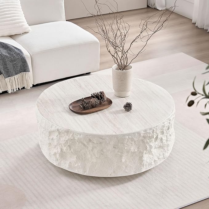 Round Coffee Table Set of 2 for Living Room Modern Drum Center Table Circle Side Tables for Apartment, No Need Assembly (Fiberglass 35.43'' &15.75'' Cement Stone Pattern)