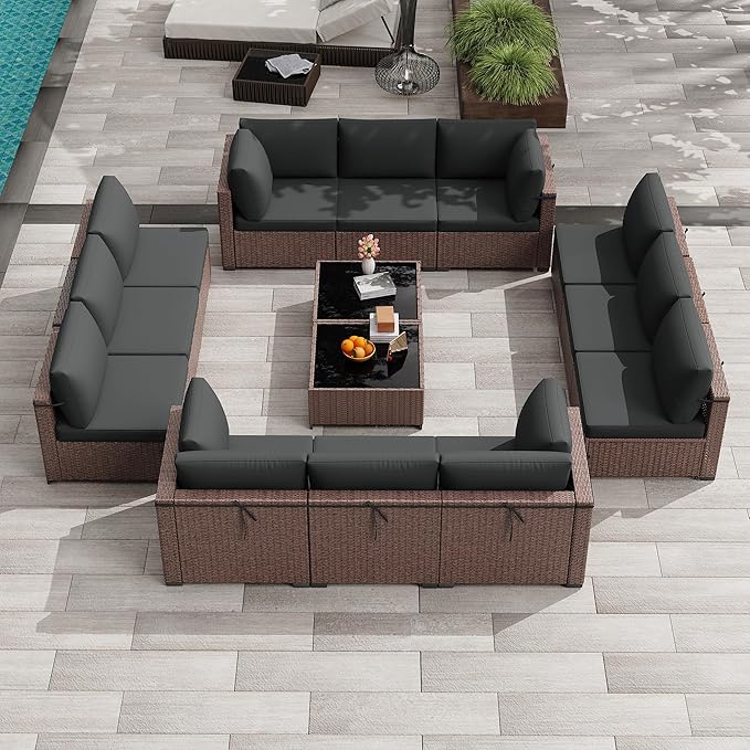 KIGOTY Patio Furniture Set,14 Pieces Modular Outdoor Sectional Sofa, PE Rattan Patio Conversation Set, All Weather Wicker Patio Furniture with Cushions and Coffee Table (Brown/Dark Grey)