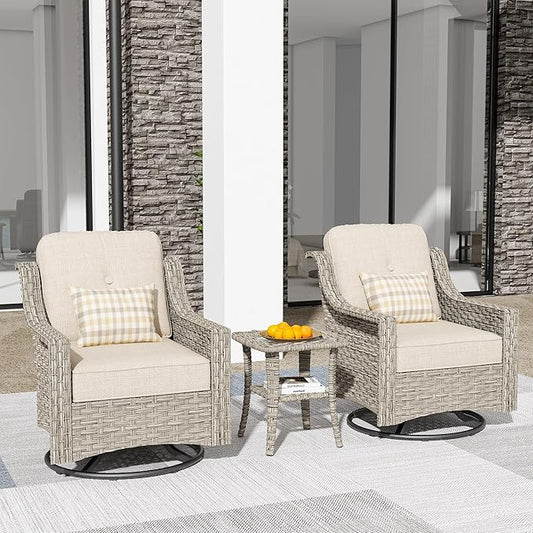 HOOOWOOO 3 Piece Patio Furniture Bistro Sets,Outdoor Wicker Swivel Rocking Chairs with Table Set,All Weather Resistant High Back Rattan Conversation Set(Beige Tan)