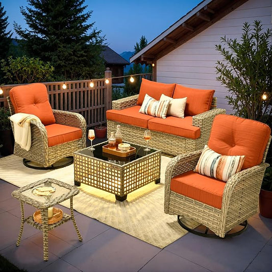 ovios 6 Piece Patio Sectional Furniture with Swivel Rocking Chairs, Rattan Wicker Coversation Set with Glowing Coffee Table, Outdoor Sofa Set for Outside Porch Balcony Backyard Pool, Orange