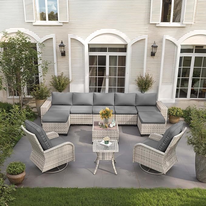 11-Piece Outdoor Patio Furniture Set with Rocking Swivel Chair Wicker Sectional Sofa Set, Patio Conversation Set with Ottomans & Coffee Table for Garden, Backyard, Poolside, Grey