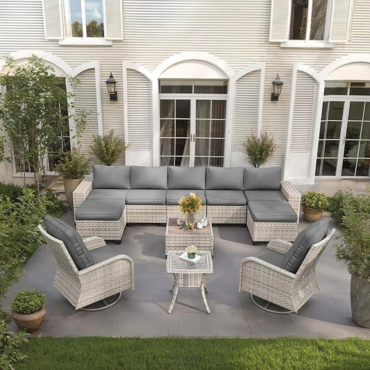 11-Piece Outdoor Patio Furniture Set with Rocking Swivel Chair Wicker Sectional Sofa Set, Patio Conversation Set with Ottomans & Coffee Table for Garden, Backyard, Poolside, Grey