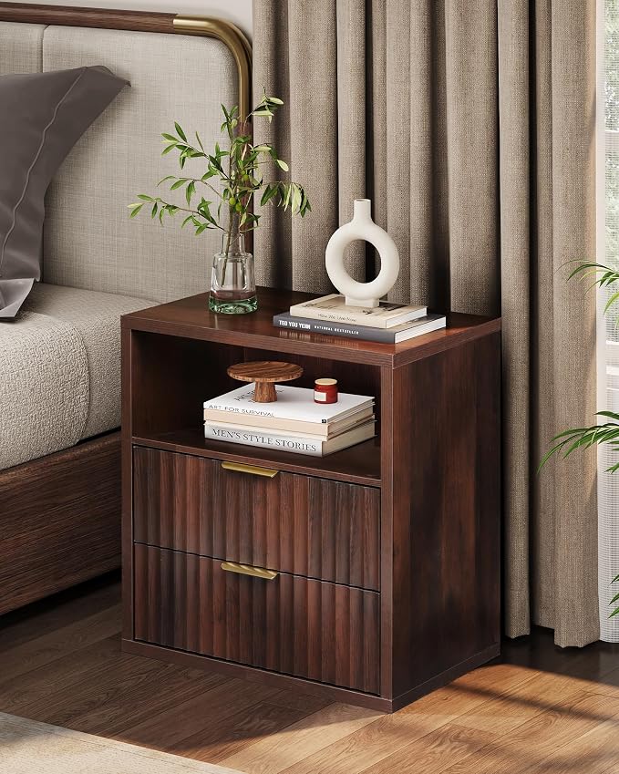 WLIVE Fluted Night Stand Set 2, Wood Nightstands Sets of 2 with Storage Drawers and Open Shelf, Mid Century Modern Bed Side Tables for Bedroom, Dorm, Espresso - Image 3