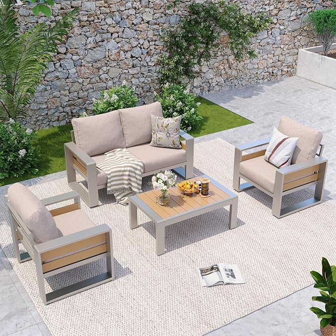 Aoxun Aluminum Patio Furniture Set, 4 Seats Luxury Metal Patio Conversation Sets with Coffee Table, Thick Cushions and Waterproof Cover, Sectional Outdoor Furniture Set for Backyard/Poolside, Beige