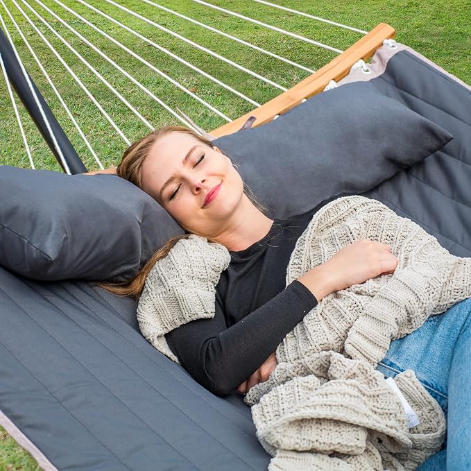 SUNCREAT Double Portable Hammock with Stand, 2 Person Hammock with Curved Spreader Bar, Balance Ropes Included, Dark Gray - Image 2