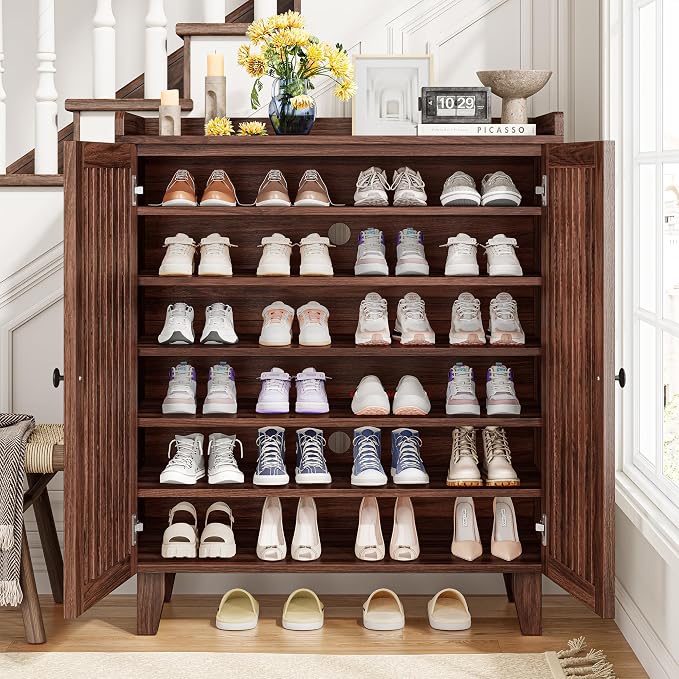 IRONCK Shoe Cabinet with Slatted Doors, 6-Tier Shoe Storage Cabinet with Adjustable Shelves, Wooden Shoe Rack Organizer for Entryway, Hallway, Closet, Living Room, Walnut - Image 4