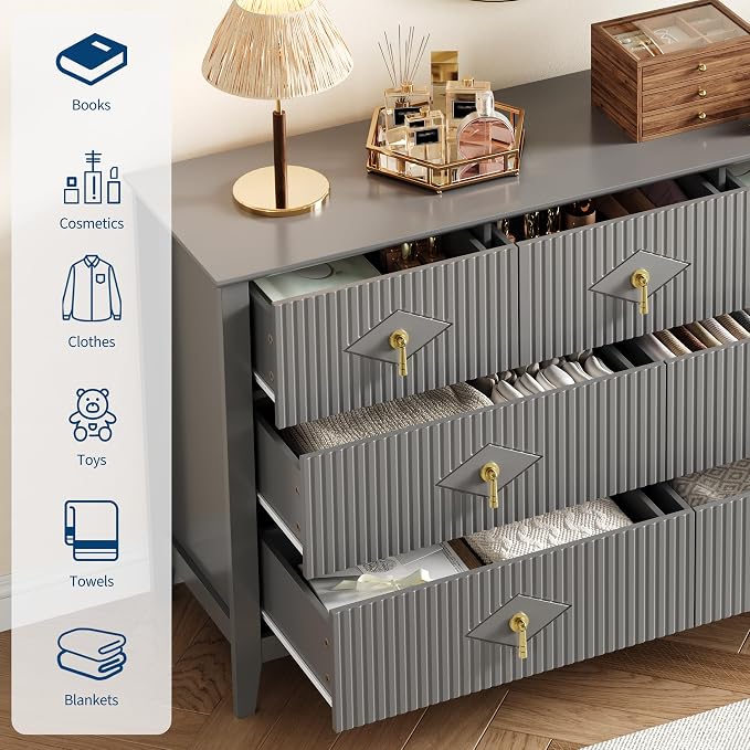 GarveeHome Fluted Dresser for Bedroom, 54 Inch Wide 7-Drawer Wood Dresser, Modern Chest of Drawers, Storage Organizer Cabinet for Living Room, Hallway, Entryway, Grey - Image 3
