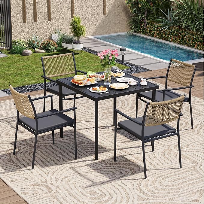 5-Piece Outdoor Dining Set for 4, Rectangle Expandable Table with Umbrella Hole, 4 Wicker Rattan Chairs with Soft Cushion,Patio Dining Set, Conversation Set for Backyard, Garden & Poolside, Black - Image 8