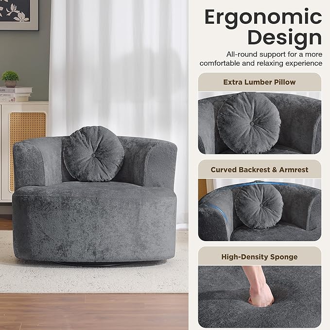Oversized Swivel Accent Chair Set of 2, Modern Curved Back Single Sofa Chair, Comfy All-Foam Compression Upholstered Round Armchair with Pillow,Cozy Chenille Barrel Chair for Living Room(Dark Grey)