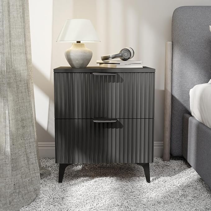 Wood Night Stand Set 2 Fluted Dresser for Bedroom 2 Drawers End Tables Nightstands Set of 2, Storage Modern Bedside Table Set of 2, Black Nightstand - Image 6