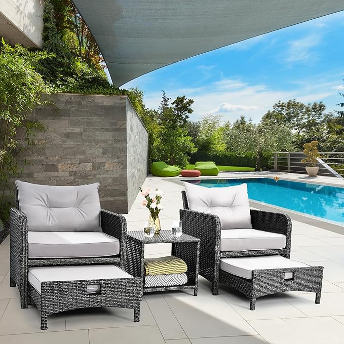 Pamapic 5 Pieces Outdoor Patio Wicker Chairs Set with Ottoman Outside Conversation Furniture Set with Cushions and Coffee for Balcony Porch Lawn Garden Table(Grey Cushion+Light Grey Rattan)