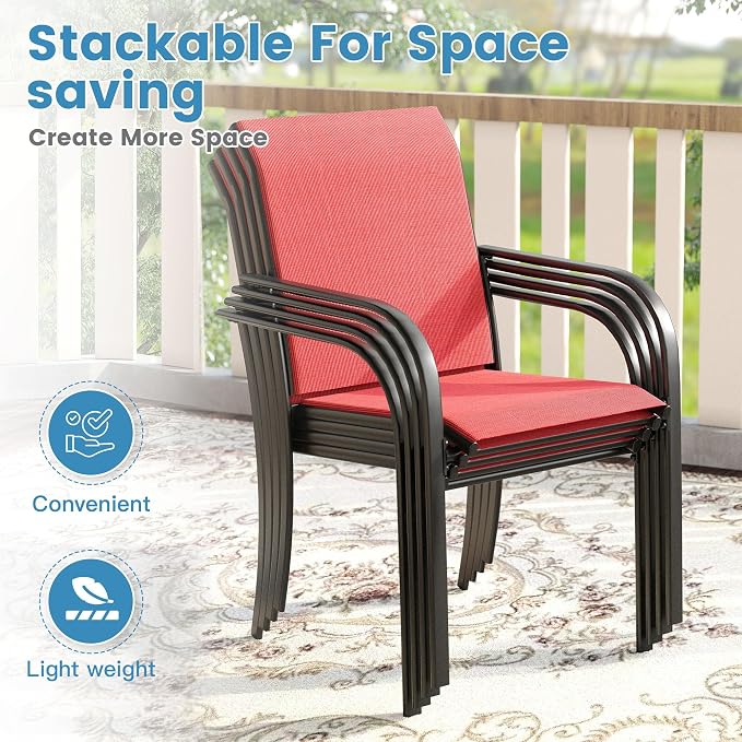 DIFY 7 Pieces Patio Dining Set for 6, Patio Furniture Includes Red Stackable Sling Outdoor Chairs and 59.2" Rectangle Metal Black Table - Image 4